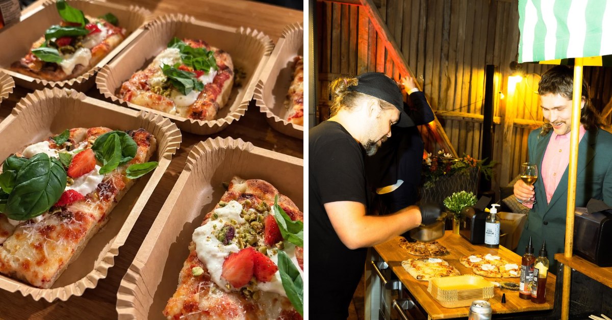 Slice Catering — viimeistellyt Strawburrata-slicet vuoissa ja kokki kojulla juhlissa